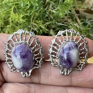 VTG‎ Earrings 1 1/8"" Purple Amethyst Quartz Cabochon Silver Tone Frame Filigree